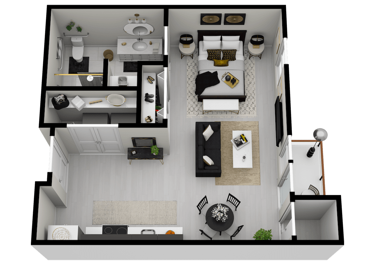 Modern apartment floor plan with a bedroom, living room, kitchen, and bathroom.