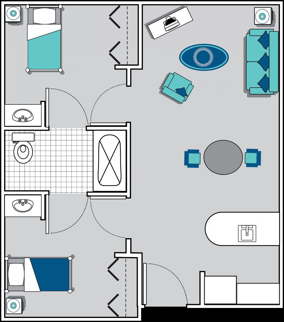 A floor plan depicting the layout of an apartment with two bedrooms, a shared bathroom, a living area, and a kitchen.