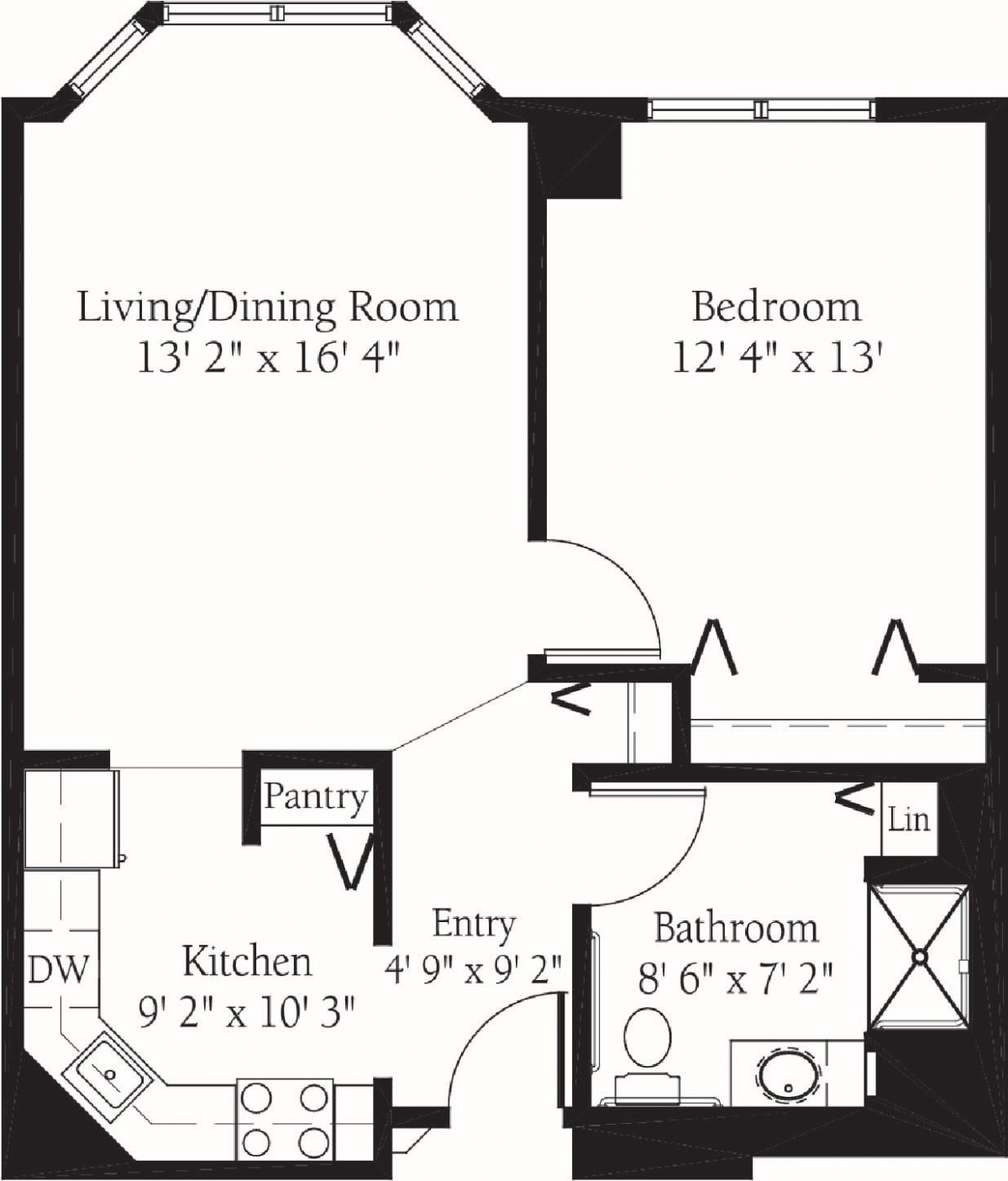 A floor plan of an apartment including a living/dining room, bedroom, kitchen, and bathroom with specified dimensions.