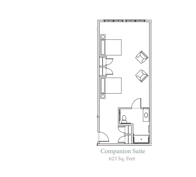 Floor plan of a hotel composition suite with king bed.