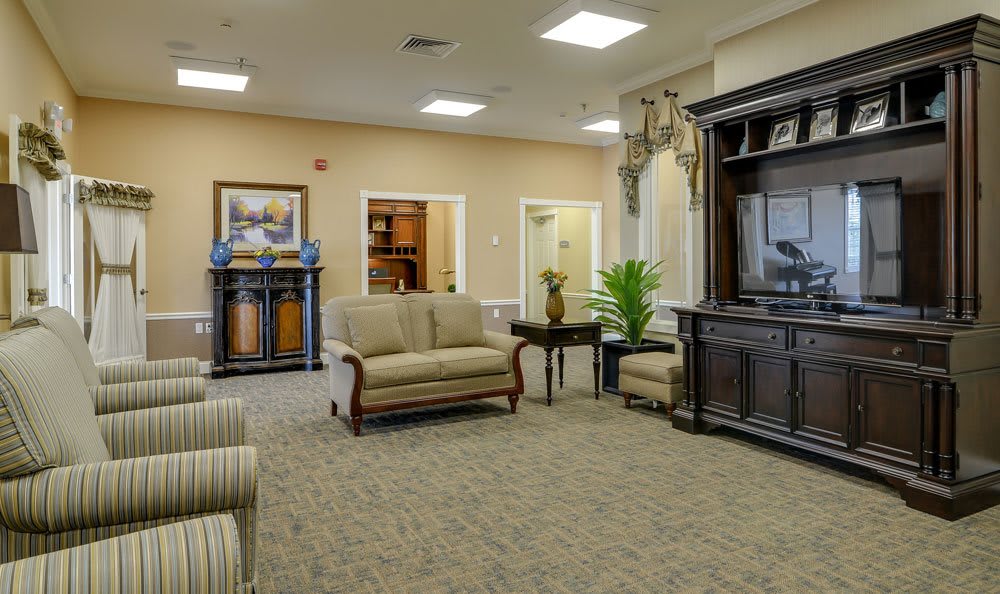 A cozy living room interior featuring a sofa, television, and decorative elements.