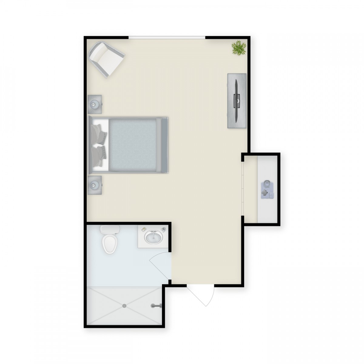 Studio apartment floor plan layout with bedroom, bathroom, and living space.