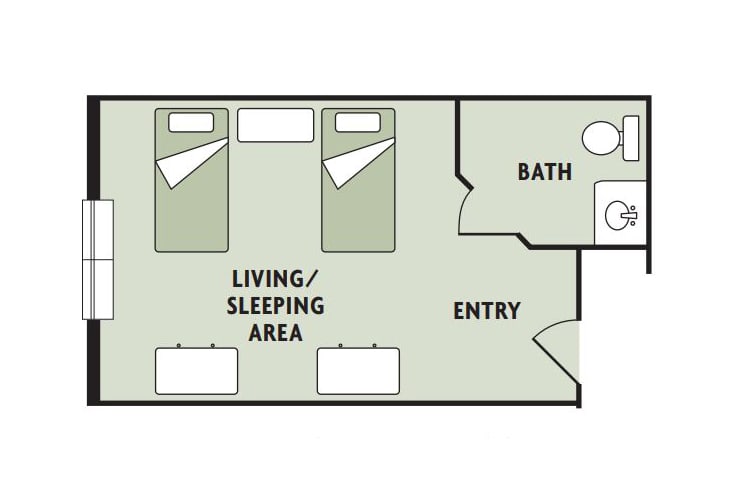 A simple floor plan showing a combined living and sleeping area with two beds, an entryway, and a bathroom.