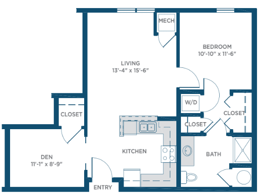 A floor plan of an apartment featuring a living room, kitchen, bedroom, den, and bathroom.