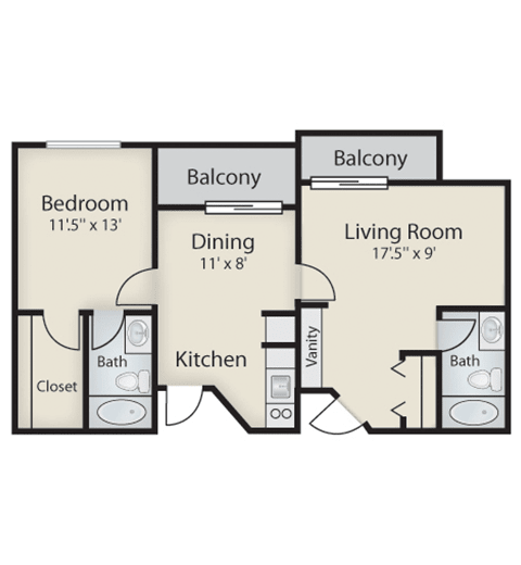 A floor plan of an apartment featuring one bedroom, a living room, kitchen, dining area, two bathrooms, and two balconies.