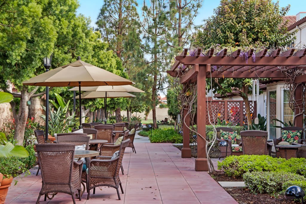 A serene outdoor patio with umbrellas and a pergola, surrounded by lush greenery.