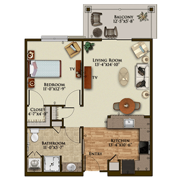Two-bedroom apartment floor plan with living room, kitchen, bathroom, and balcony.
