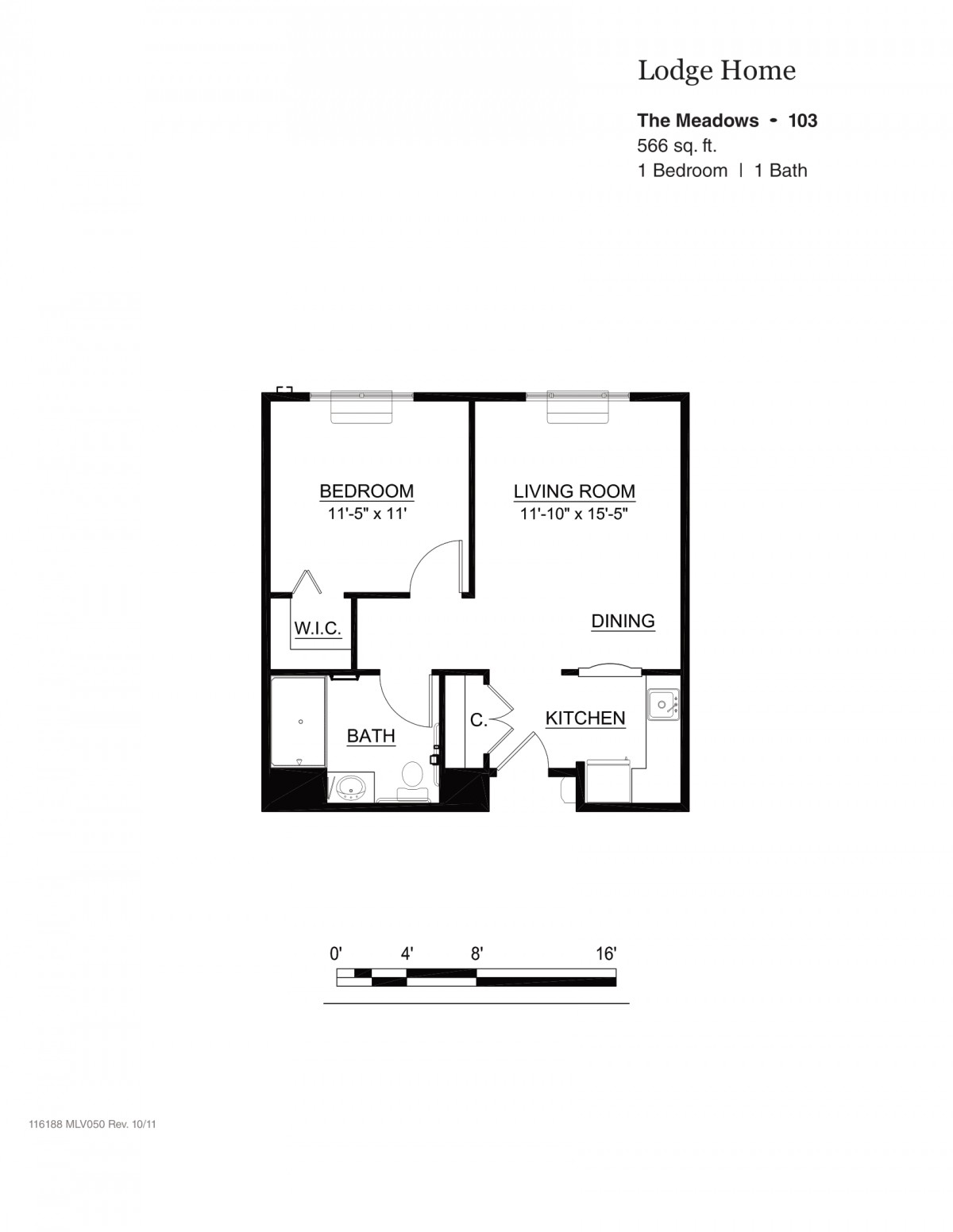 Floor plan of a 1-bedroom, 1-bath apartment layout.