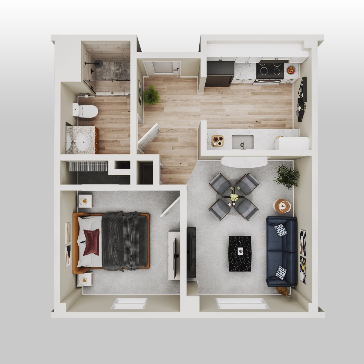 A top-down view of a one-bedroom apartment floor plan, featuring a living room, kitchen, bathroom, and bedroom.
