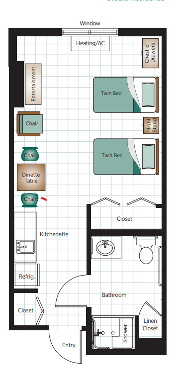 Floor plan of a small living space featuring twin beds, a kitchenette, and a bathroom.
