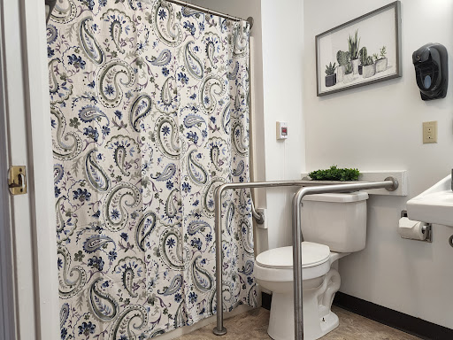 A tastefully decorated bathroom featuring a patterned shower curtain and accessibility support beside the toilet.