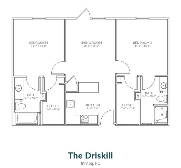 The Driskill floor plan featuring a two-bedroom apartment layout.