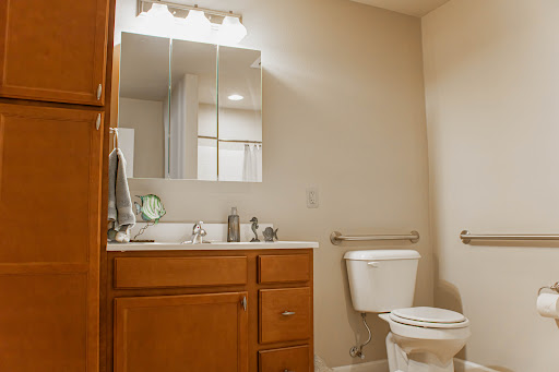 A clean and modern bathroom with wooden cabinetry and a well-lit mirror.