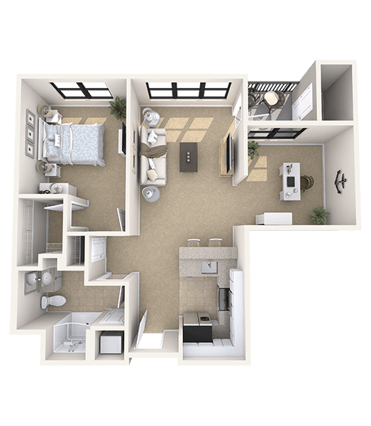 3D floor plan of a one-bedroom apartment with open living space.