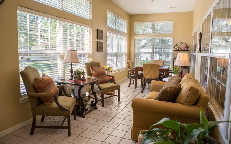 A bright living room with large windows, comfortable seating, and elegant decor.