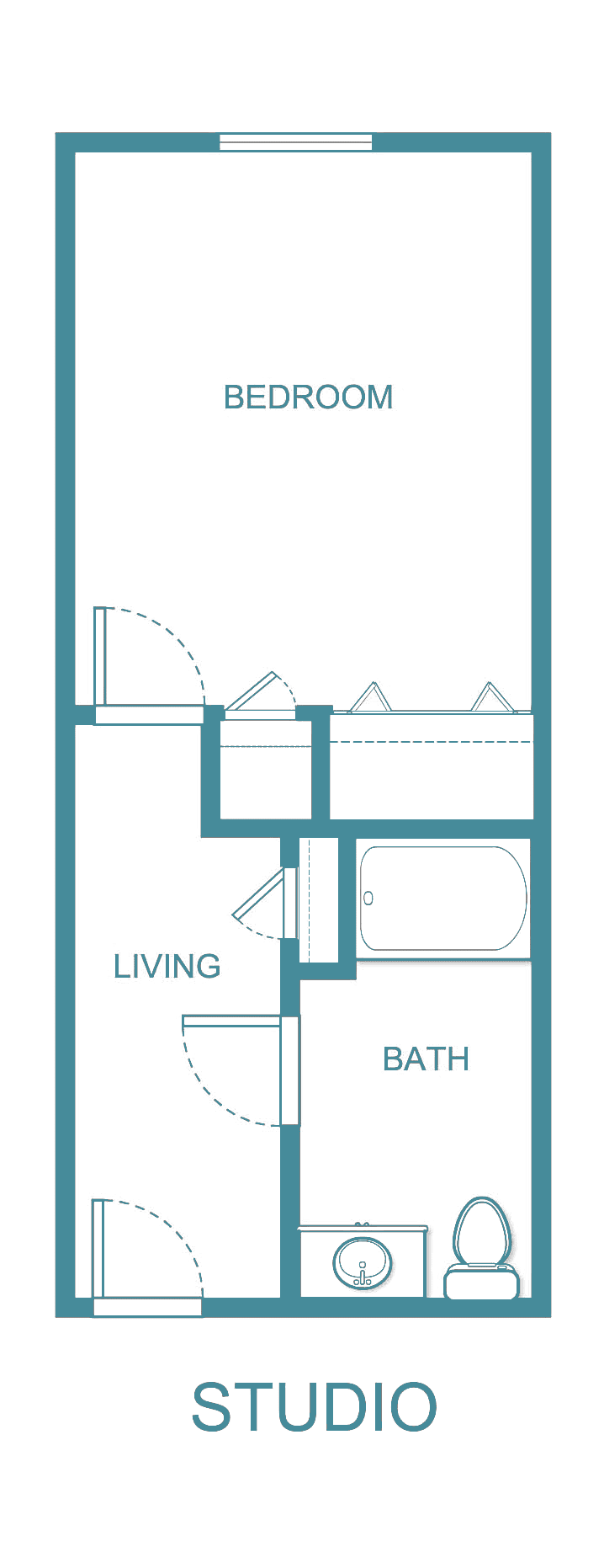A simple floor plan showing a living area adjacent to a bathroom.