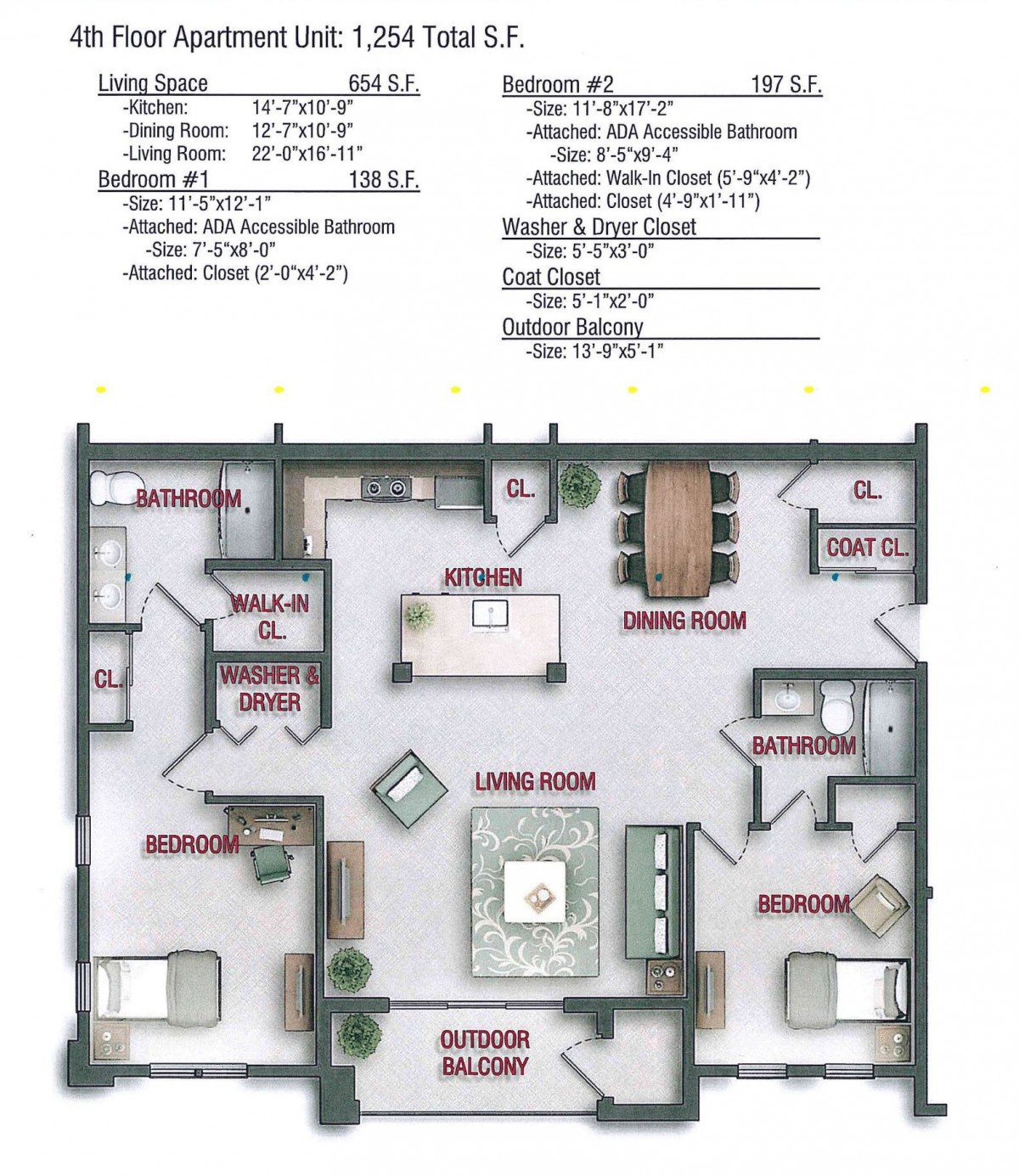 A floor plan showing the layout of an apartment, including labeled rooms and furniture placement.