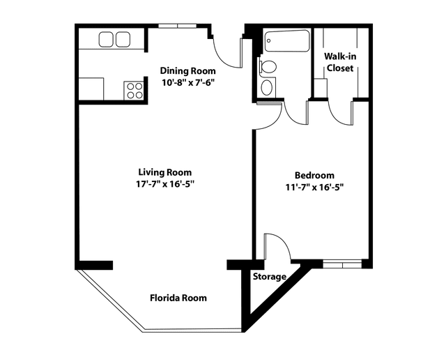 A detailed floor plan of a one-bedroom apartment, featuring a living room, dining room, kitchen, bathroom, walk-in closet, storage area, and Florida room.