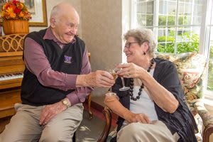 An elderly couple toasting with glasses, sharing a moment of joy indoors.