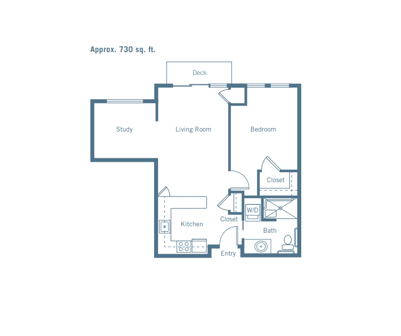 Floor plan of a one-bedroom apartment with a living room, kitchen, and bathroom.