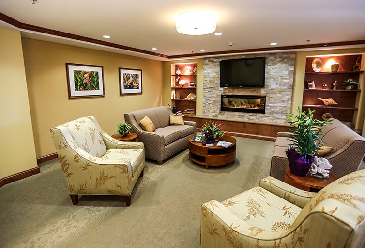 A cozy living room with comfortable seating, a modern fireplace, and tasteful decor.