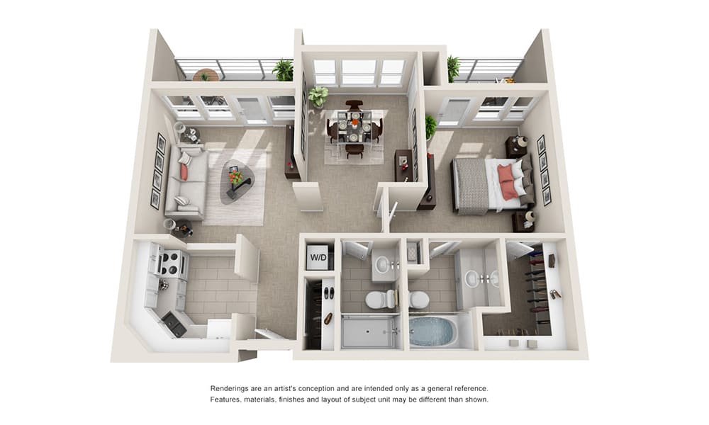 A 3D-rendered floor plan of a modern apartment featuring a living room, bedroom, kitchen, and bathroom.