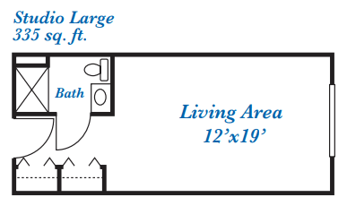A floor plan showing a living area and bathroom with dimensions.