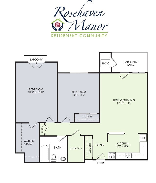 Floor plan of a two-bedroom apartment at Rosebush Manor.