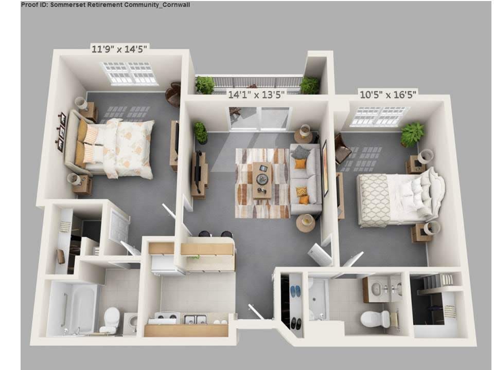 A 3D rendered floor plan of a two-bedroom apartment, featuring a living room, kitchen, and bathroom.