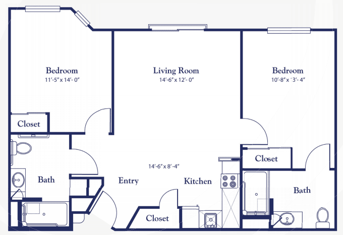 A floor plan of a two-bedroom apartment featuring a living room, kitchen, entryway, and multiple closets.
