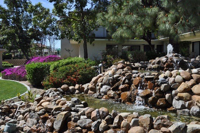 A serene garden scene featuring a small waterfall cascading over rocks, surrounded by lush foliage and trees.