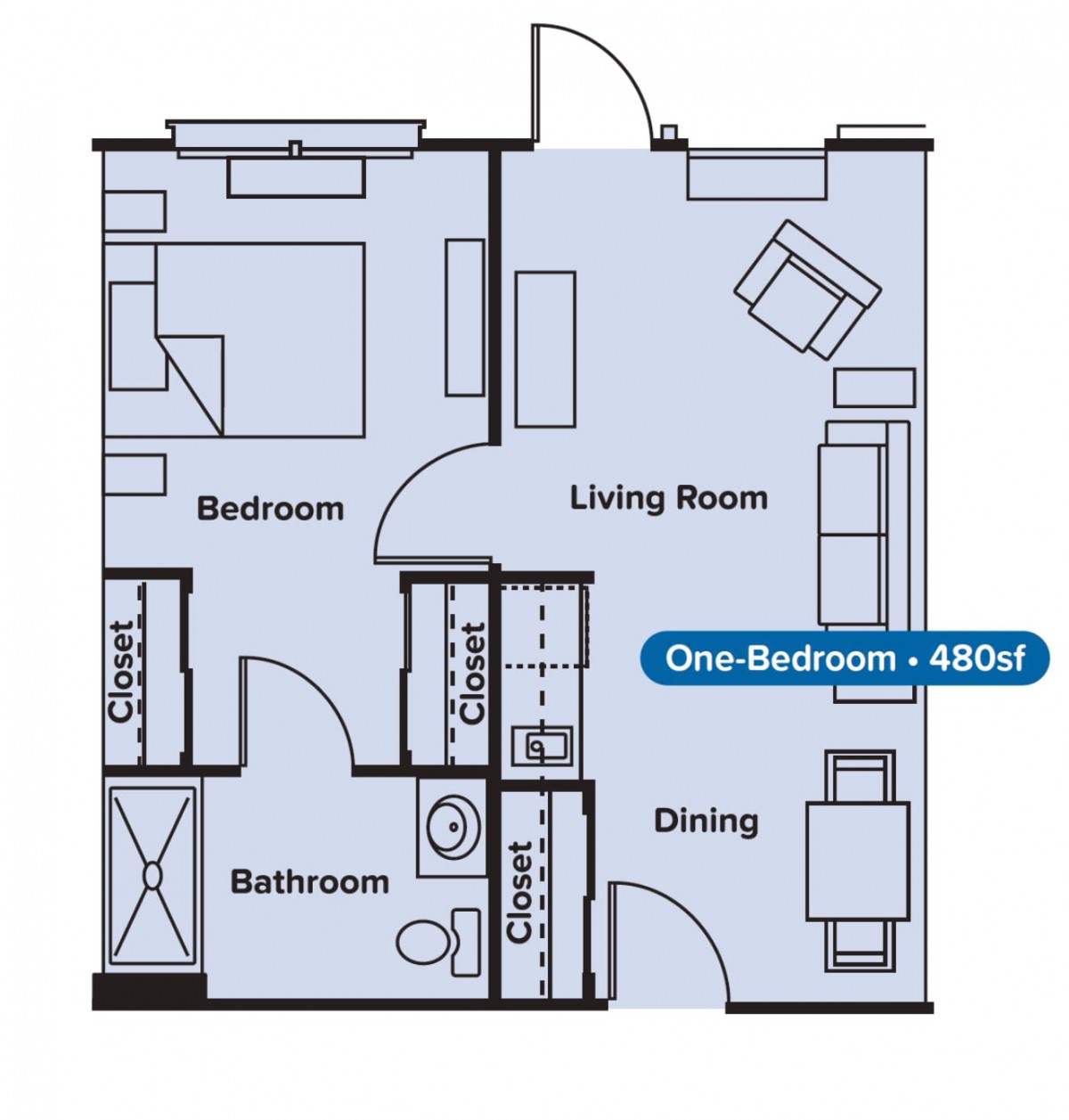 One-bedroom apartment floor plan with living room, bedroom, bathroom, and dining area.