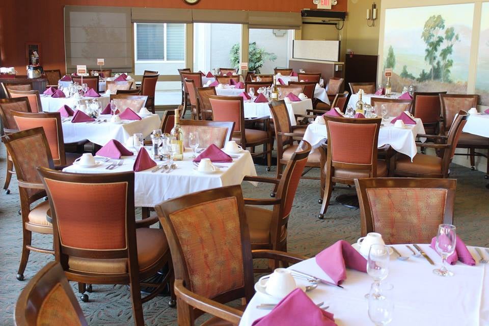 An elegantly set dining area in a restaurant with neatly arranged tables and chairs.
