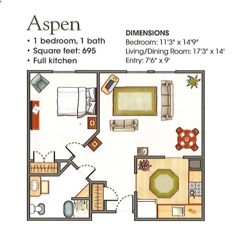 Aspen 1-bedroom apartment floor plan with dimensions and layout.