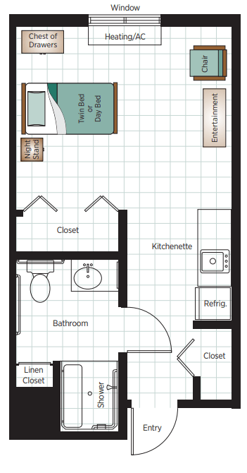 A floor plan of a one-bedroom apartment featuring a kitchen, bathroom, and closet.