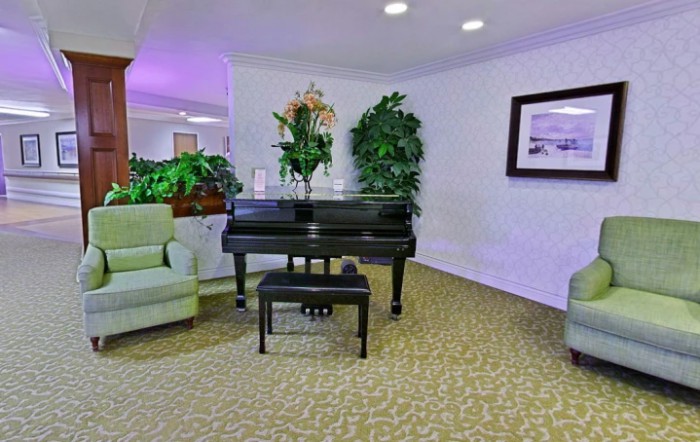 A stylish living room featuring a grand piano and elegant decor.