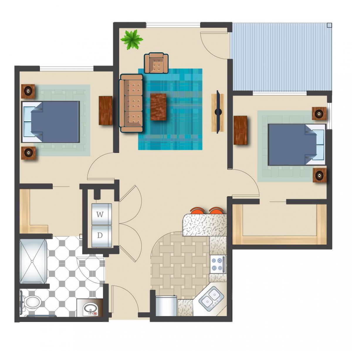 A floor plan of an apartment featuring two bedrooms, a living room, a kitchen, and a bathroom.