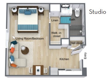 Floor plan of a studio apartment featuring a combined living and bedroom area, kitchen, and bathroom.