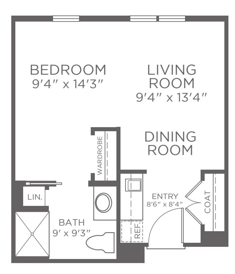 A floor plan showing a one-bedroom apartment with a living room, dining room, bathroom, and entryway.