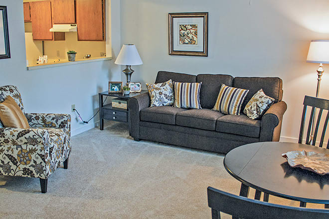 A cozy living room with a dark sofa, decorative pillows, and a stylish lamp beside a coffee table.