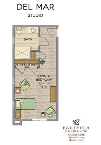 Floor plan of a studio apartment featuring a combined living and bedroom area with an adjacent bathroom.