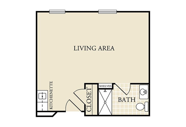 A floor plan of a studio apartment featuring a living area, bathroom, closet, and kitchenette.