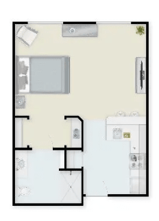 A simple floor plan of an apartment with a bedroom, bathroom, and kitchen area.
