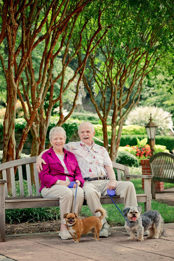 A joyful moment shared by an elderly couple sitting together on a bench in a beautiful garden.