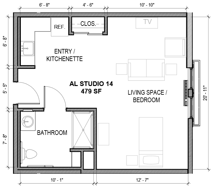 A black and white floor plan showing the layout of a small living space, including a bedroom area, kitchenette, bathroom, closet, and TV setup.