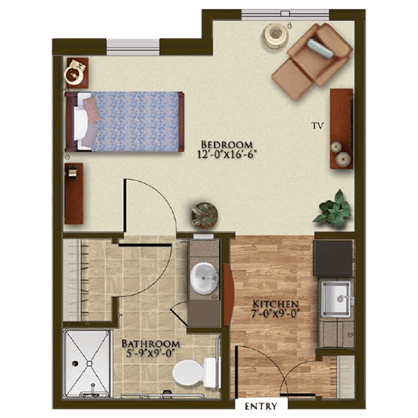 A studio apartment floor plan showcasing a combined living and sleeping area, kitchen, and bathroom.