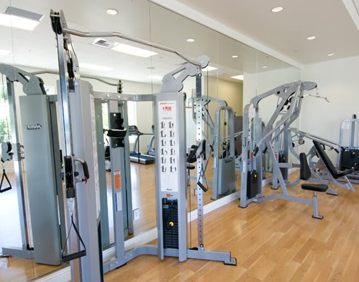 A gym interior featuring various exercise machines and mirrors.