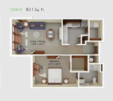 A detailed floor plan of a compact 311 sq ft apartment featuring one bedroom, a living area, kitchen, and bathroom.