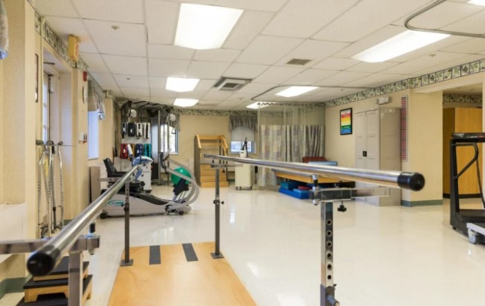 A well-equipped rehabilitation room featuring parallel bars and exercise equipment.