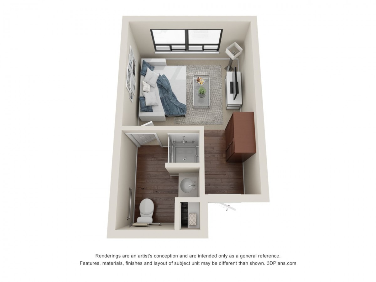 A 3D rendered floor plan of a compact studio apartment featuring a bedroom area, bathroom, and kitchenette.